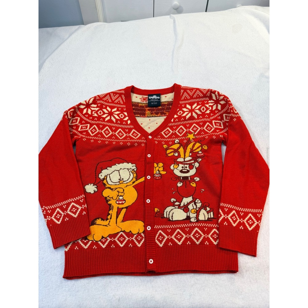 Garfield Odie Christmas Cardigan Sweater Red Fair Isle Holiday Medium i2024 READ